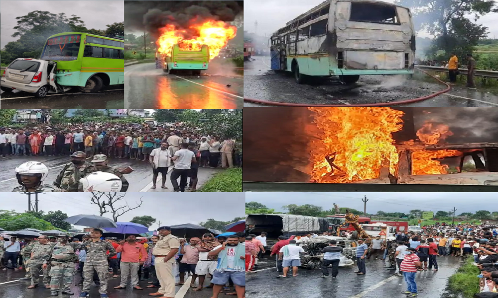 Ramgarh News: A horrific accident in Jharkhand's Ramgarh, fire broke out due to head-on collision of bus and car, five people burnt alive